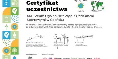 W tym roku nasza szkoła brała udział w 28 Ogólnopolskiej Akcji Sprzątania Świata "Myślę, więc nie śmiecę!".